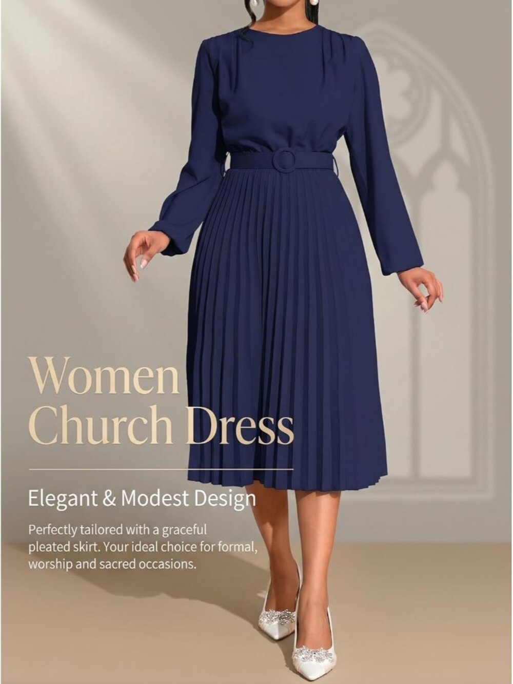 🆕Women's Navy Blue Pleated Midi Dress Long Sleeve Semi Formal Dress Casual - Picture 6 of 6